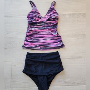 🔥2/$15 Pink and Black Striped Tankini set
